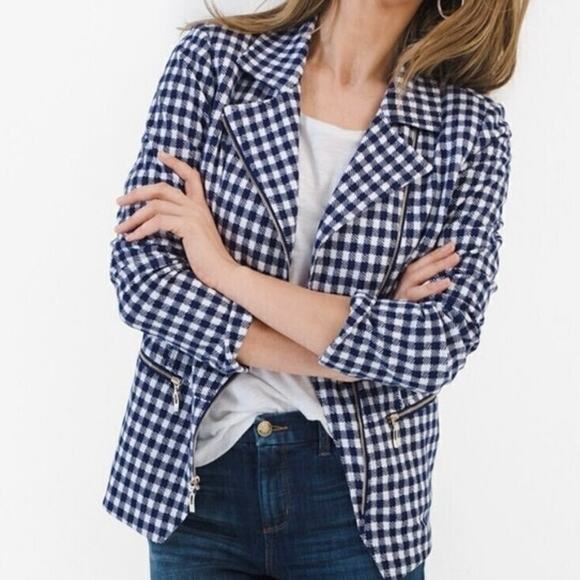 Chico's Jackets & Blazers - Chico’s Size 2 Navy/White Gingham Zip Moto Jacket women’s size large